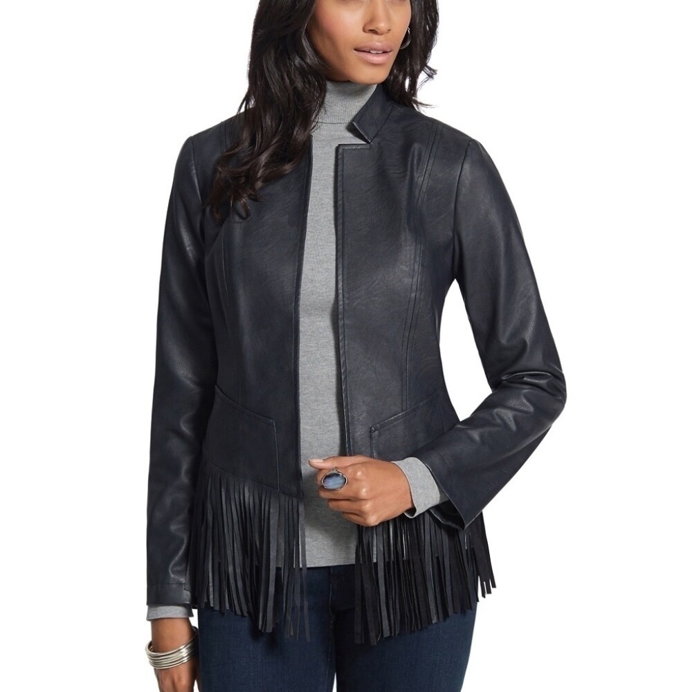 Chico’s Black Faux Leather Fringe Bottom Jacket